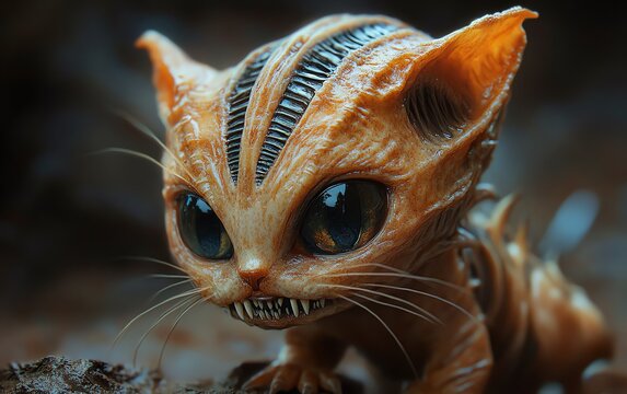 Adorable xenomorph cat hybrid with a tiny face, big eyes, and small sharp teeth, blending a cute feline appearance with alien details