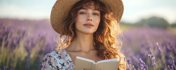 Brown curlyhaired author in her 30s, wearing a floral dress and straw hat, holding her empowerment book, speaking to women in a lavender field, light dust floating around