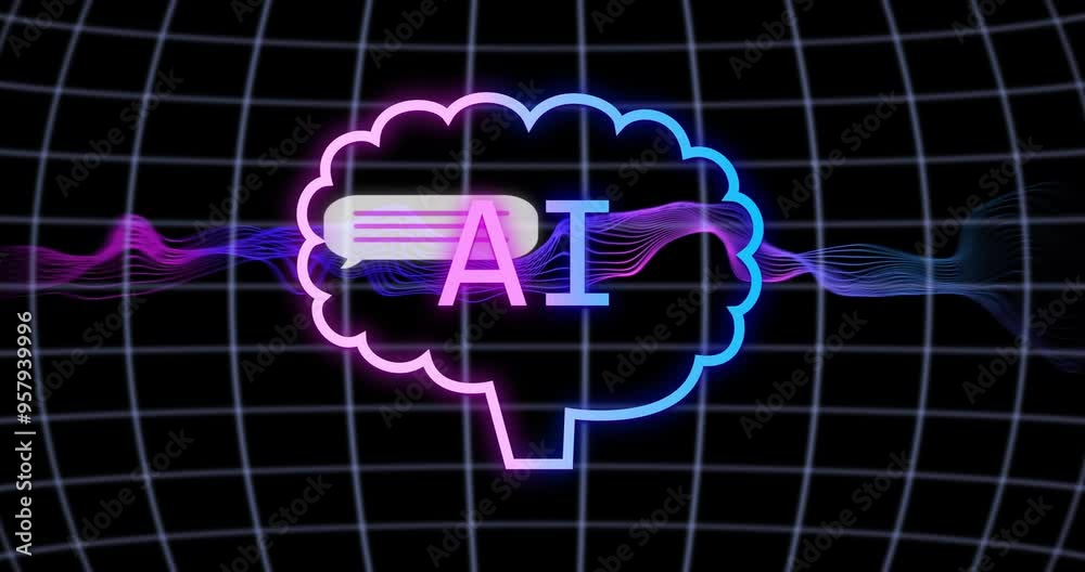 Poster ai text inside neon brain outline with data waves over grid background