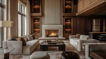 Fototapeta premium Luxurious Living Room with Exquisite Fireplace and Designer Furnishings