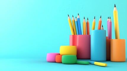 Fototapeta premium A vibrant collection of colorful pencils in various holders on a bright blue background, perfect for creative inspiration.