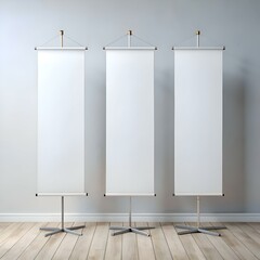 Three blank roll up banners stand in a room. ready to be filled with your message.