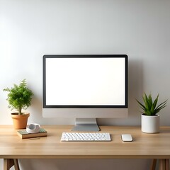 Fototapeta premium Modern. minimalist desktop mockup with a blank computer screen. keyboard. mouse. and plants.