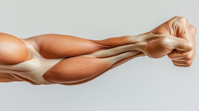 A detailed anatomical illustration of the human arm, showcasing the complex network of muscles.