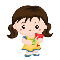 Kids Activity Girl Crafting Art School Cartoon Illustration Vector Clipart Sticker Decoration Background