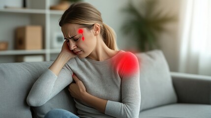 Obraz premium A young woman sits on a couch and holds her head in pain. Her shoulder and temple are highlighted in red, signifying pain.