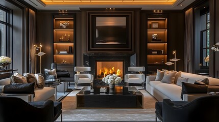 Exquisite Luxury Living Room with Custom Fireplace and Elegant Lighting