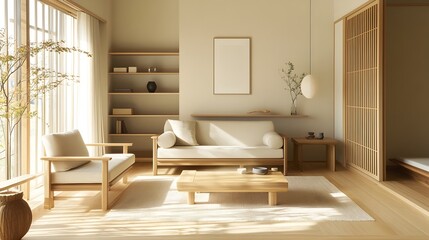 Minimalist Muji-Inspired Living Space with Neutral Tones and Clean Lines