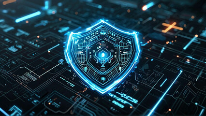 Cyber ​​​​security technology concept. HUD and Shield Icon of Cyber Security, Digital Data Network Protection.