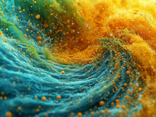 Slow motion abstract composition shot of saturated particles swirling in a powerful vortex, cyan, green, yellow, green, blue blended together.
