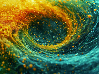 Slow motion abstract composition shot of saturated particles swirling in a powerful vortex, cyan, green, yellow, green, blue blended together.