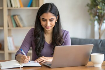 An Indian female student using a laptop for studying, with books and notes around her.
