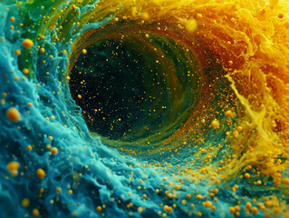 Slow motion abstract composition shot of saturated particles swirling in a powerful vortex, cyan, green, yellow, green, blue blended together.