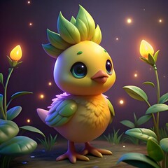 A cute. 3D rendered chickling vetch with big. bright eyes. standing in a magical. glowing garden.