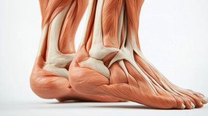 Close-up of a human anatomical model showcasing the intricate structure of the ankle and foot, highlighting the muscles and bones.