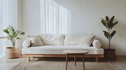 Minimalist Living Room with Clean Lines and Neutral Tones Allowing Space for Text or Graphics