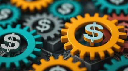 Corporate Growth Concept: Interconnected Gears with Currency Symbols - with Copy Space, Selective Focus, Quality