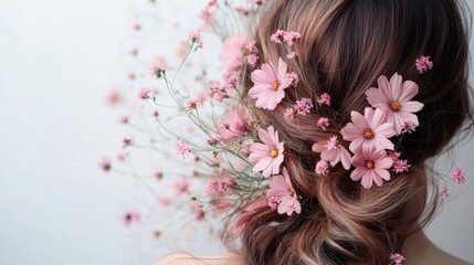 Naklejka premium Pink Cosmos flower on long hair of beauty woman in studio,spring or summer concept,creative bright image for advertising products for hair,copy space,Bridal hairstyle with real flowers.
