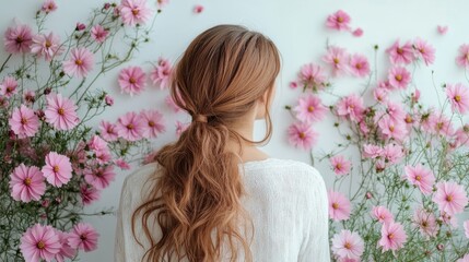 Naklejka premium Pink Cosmos flower on long hair of beauty woman in studio,spring or summer concept,creative bright image for advertising products for hair,copy space,Bridal hairstyle with real flowers.