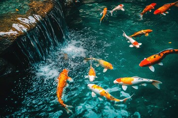 Koi Fish Swimming in a Pond with a Waterfall