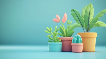 Fototapeta premium Colorful potted plants arranged against a soothing blue backdrop, perfect for home decor and nature-inspired designs.