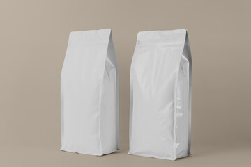 Foil plastic bag packaging with zipper and pile of seed for pet food or roasted coffee beans or...