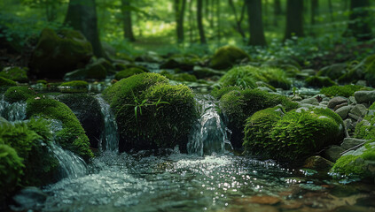 Beautiful green, mossy rocks with flowing water in the forest. Generative AI.