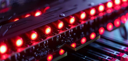 Close-up of RGB RAM sticks with red lights, sleek computer environment