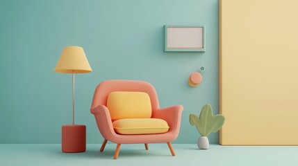 Vibrant living room design featuring a colorful chair, lamp, and decor against a pastel wall backdrop.