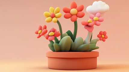 Colorful flowers in a clay pot on a pastel background, perfect for spring themes and cheerful decor.