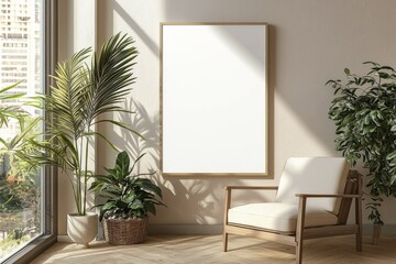 Poster Frame in Beige minimalist living room interior created with generative AI