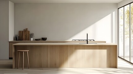 Minimalist Light Wooden Kitchen Island with Smooth Countertop for Culinary Workspace