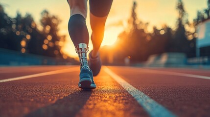 Fototapeta premium Adaptive athlete with a prosthetic leg running on a modern running track at sunrise, powerful and determined, with a blurred background