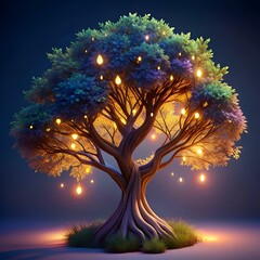 A magical. 3D rendered sycamore fig tree illuminated with warm. glowing lights.