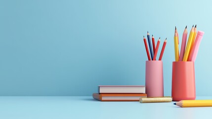A colorful collection of stationery items including pencils, books, and pens, perfect for a creative workspace or study area.