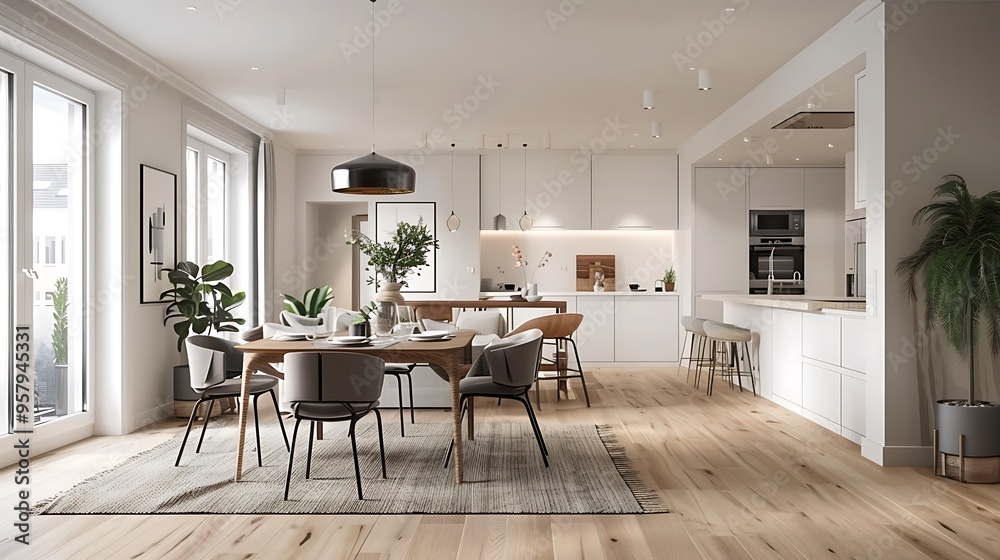 Wall mural A panoramic 3D rendering of a modern Scandinavian apartment featuring a stylish living room and dining area, with clean lines and minimalist design