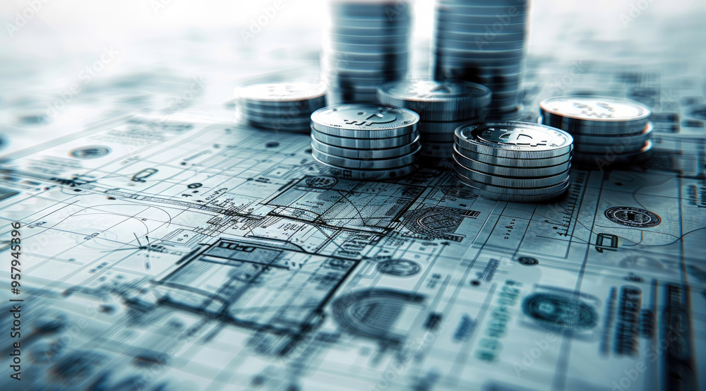 Aufkleber abstract blueprint or architectural design made up of currency symbols, coins, and financial charts,