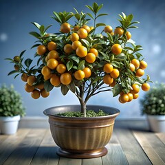 A lush 3D illustration of a Calamondin tree adorned with vibrant orange fruits. standing in a rustic pot.