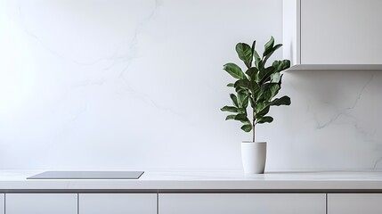 Minimalist Kitchen with Marble Counters and Potted Foliage