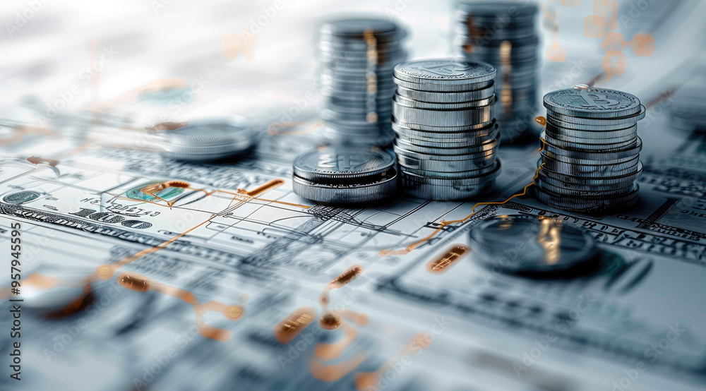 Aufkleber abstract blueprint or architectural design made up of currency symbols, coins, and financial charts,