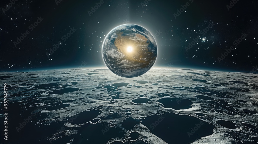 Poster view of the earth from the moon through the eyes of an astronaut. generative ai.