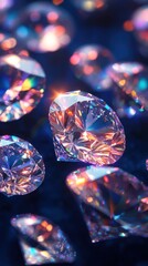 Sparkling Diamonds with Iridescent Reflections on a Deep Blue Background