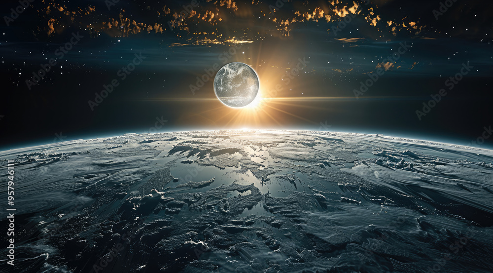 Poster view of the earth from the moon through the eyes of an astronaut. generative ai.