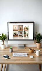 Clean and minimalist desktop setup with a modern computer displaying a website mockup.