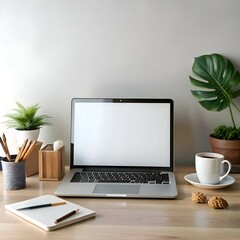 Fototapeta premium Minimalist workspace mockup featuring a laptop with a blank screen. ready for your design! Perfect for showcasing website or app designs. presentations. and more.