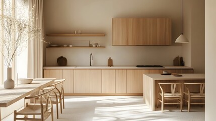 Minimalist kitchen with light wood accents and clean open layout