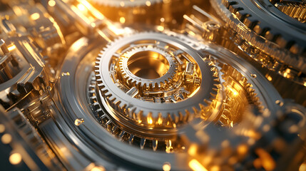 Fototapeta premium Detailed view of interconnected cogs and machinery symbol