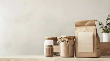 Eco-friendly packaging on wooden table against beige