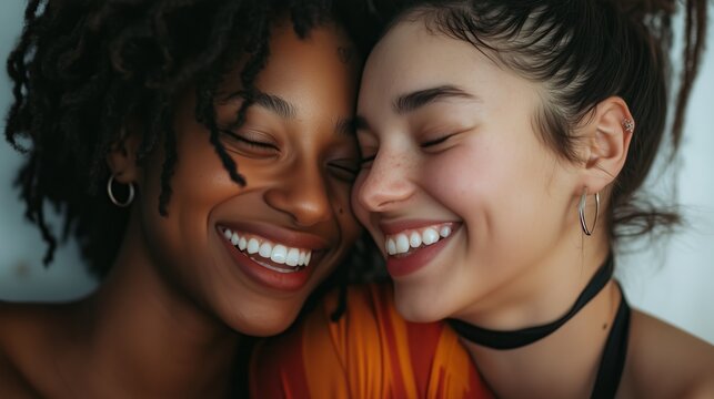 Two interracial best friends laughing and having a good time together 