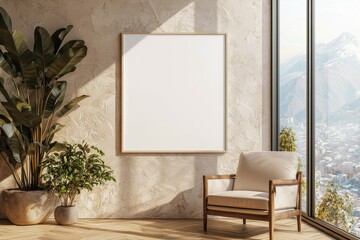 Poster Frame in Beige minimalist living room interior created with generative AI